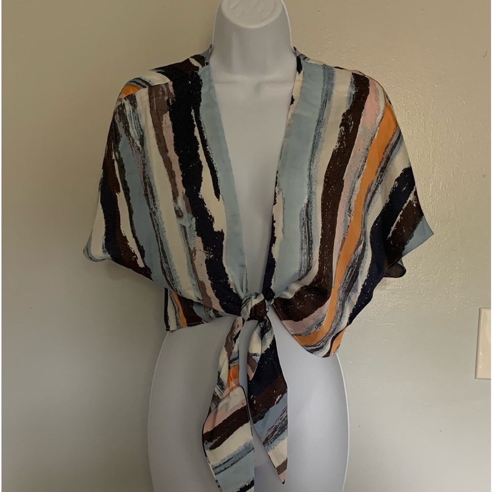 SugarLips Blue Multicolor Short Sleeve Tie Front Blouse